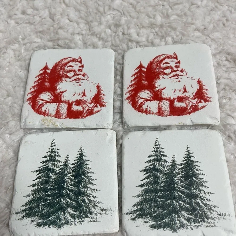 Set of four Red Santa and Ever green tree Stone coasters